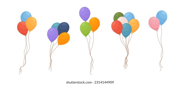 Colorful helium balloons bunches, cartoon flat vector illustration isolated on white background. Decoration for party or birthday celebration. Set of inflatable balloons.