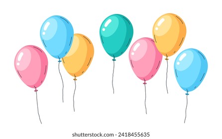 Globos de helio coloridos. Globos flotantes brillantes, globos de aire voladores decoraciones festivas ilustración vectorial plana. Decoración de cumpleaños feliz