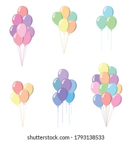 Colorful helium balloons set, piles and groups isolated on a white background. Vector illustration