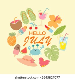 Colorful Hello July background layout banners design with summer elements. Horizontal poster, greeting card, header for website, social media. Vector july summer illustration.