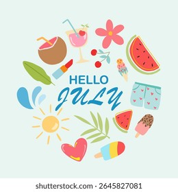 Colorful Hello July background layout banners design with summer elements. Horizontal poster, greeting card, header for website, social media. Vector july summer illustration.