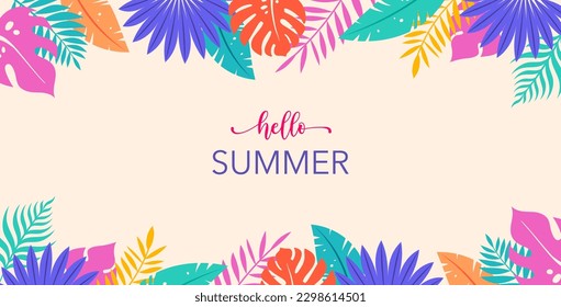 Colorful Hello Summer background with exotic tropical leaves. Horizontal design for banner poster or greeting card 