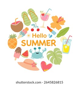 Colorful Hello Summer background layout banners design with summer elements. Horizontal poster, greeting card, header for website, social media. Vector summer illustration.