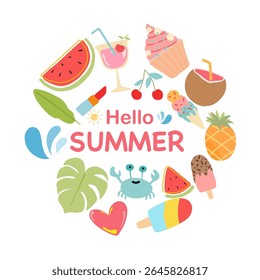 Colorful Hello Summer background layout banners design with summer elements. Horizontal poster, greeting card, header for website, social media. Vector summer illustration.