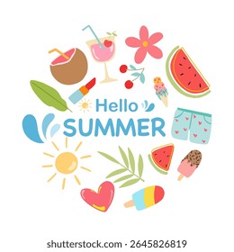 Colorful Hello Summer background layout banners design with summer elements. Horizontal poster, greeting card, header for website, social media. Vector summer illustration.