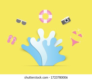 Colorful hello summer concept with splash water and decoration in paper cut style. Digital craft paper art summer season. slippers, swim ring, sun glass, bikini, camera.