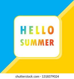 Colorful Hello summer text for web banner, instagram, white rounded square, blue sky and yellow sand color background, Vector illustration 