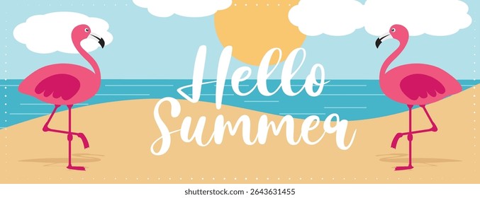 Colorful hello summer vacation banner with flamingos on the beach. Hand drawn vector illustration.