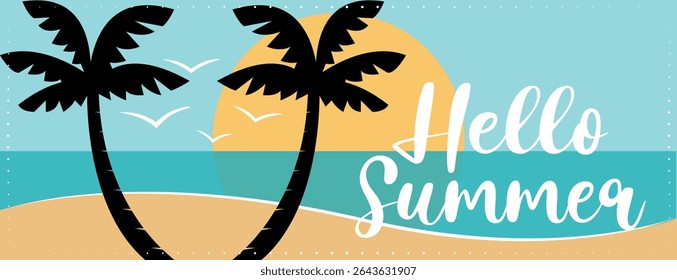 Colorful hello summer vacation banner with palm trees on the beach. Hand drawn vector illustration. 