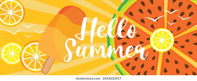 Colorful hello summer vacation banner with fruits and ice cream. Hand drawn vector illustration. 