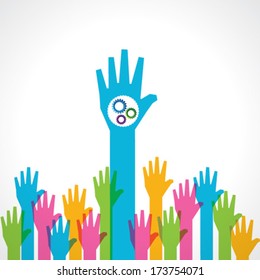 Colorful helping hand background with gears stock vector