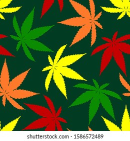 Colorful hemp leaves on dark background. Seamless bright pattern with cannabis leaf. Vector illustration in flat simple style.