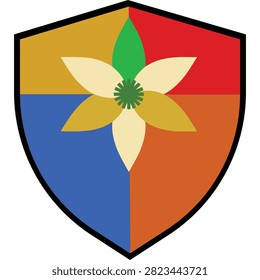 Colorful heraldic shield with four quadrants and a blooming flower emblem in the center