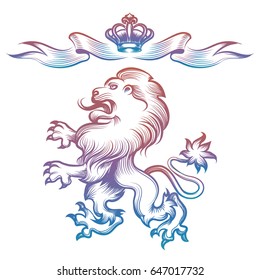 Colorful heraldy royal lion and crown isolated on white background. Vector illustration