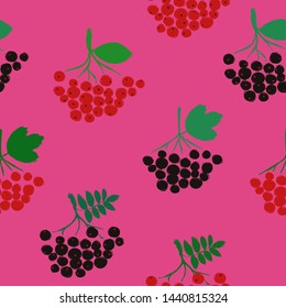 Colorful herbal print. Seamless pattern with branch of rowan, chokeberry and viburnum on a pink background. Berry collection.