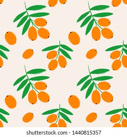 Colorful herbal print. Seamless pattern with branch of sea buckthorn berries. Berry collection.