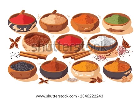Colorful herbs and spices for cooking dishes. Indian and Asian spices On grey stone background closeup watercolor hand-painted vector art painting illustration
