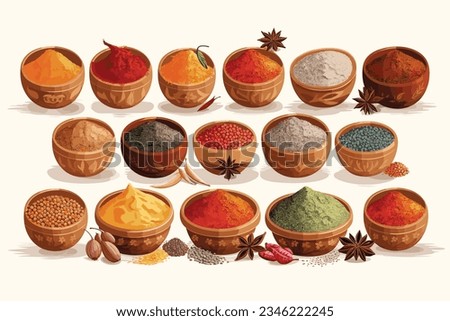 Colorful herbs and spices for cooking dishes. Indian and Asian spices On grey stone background closeup watercolor hand-painted vector art painting illustration
