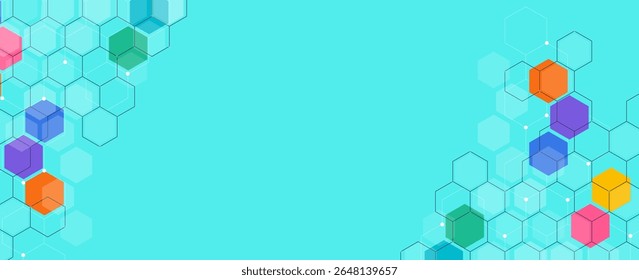 Cúmulos hexagonales coloridos que forman un marco sobre un fondo cian, ideal para presentaciones científicas, tecnológicas o médicas con estilo geométrico moderno.