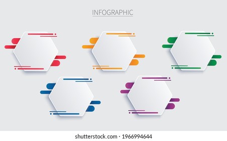 colorful hexagon infographic vector template with 5 options. Can be used for web, diagram, graph, presentation, chart, report, step by step infographics. Abstract background.