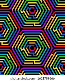 Colorful hexagon maze puzzle on black geometric seamless pattern, vector background