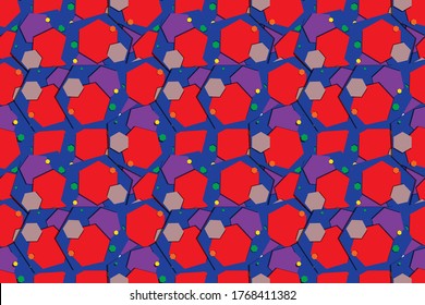 Colorful hexagon seamless pattern. Vector illustration. Red, puple and blue.