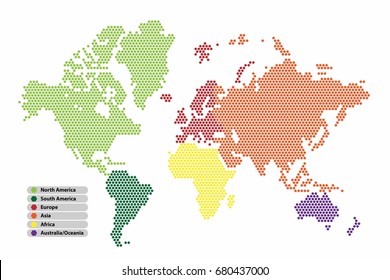 Colorful Hexagon shape world map continent dotted style, vector illustration.