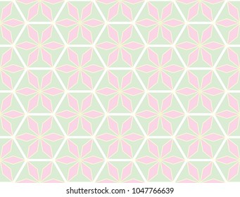 Colorful hexagon star icon, pastel geometric flower logo, seamless pattern design, green gradient banner, abstract polygon background, bright white wallpaper.