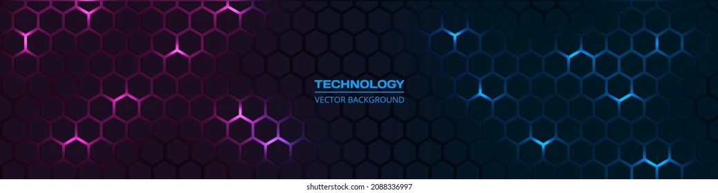 Colorful hexagon technology wide abstract background with pink and blue colored hexagon. Pink and blue honeycomb black wide banner. Vector illustration.