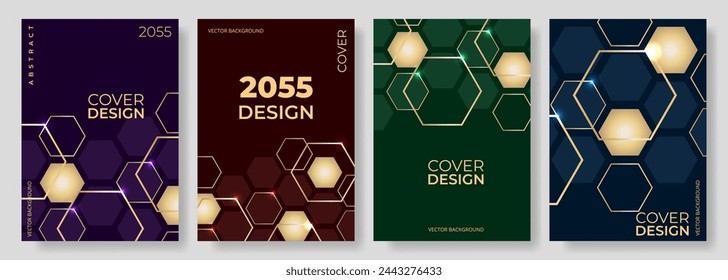 Colorful hexagonal abstract poster background vector set. Gold 3D hexagon style cover template for social media, poster, flyer, banner, brochure, notebook, corporate, report, book or Journal cover.