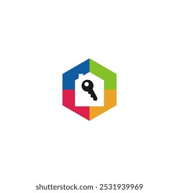 Un logotipo hexagonal colorido con una casa y un símbolo clave