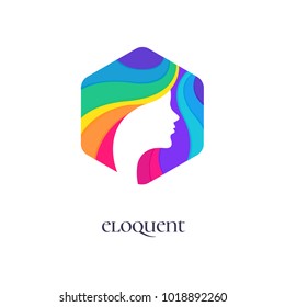 Colorful hexagonal logo with lady face, colorful lady face, beauty logo.