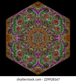 Colorful hexagonal ornament on black background