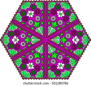 Colorful hexagonal pattern. Floral ethnic mandala. Pink, red, green and white flowers