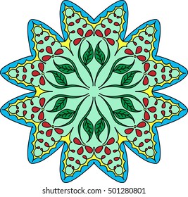 Colorful hexagonal pattern. Floral ethnic mandala. Orange flowers and green background