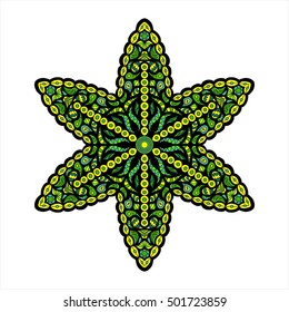 Colorful hexagonal pattern. Floral ethnic mandala for textile, sportswear, umbrellas. Green and yellow zen tangle motif