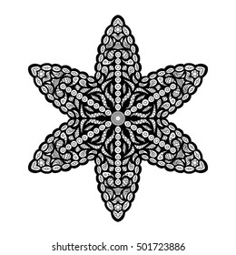 Colorful hexagonal pattern. Floral ethnic mandala for textile, sportswear, umbrellas. Black and white zen tangle motif. Adult coloring book