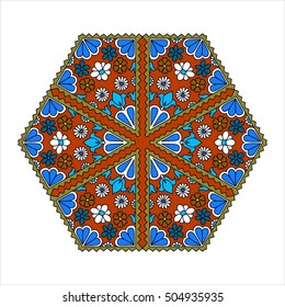 Colorful hexagonal pattern. Floral ethnic mandala. Hand drawn tribal ornament. Blue, orange, white, red flowers on orange background