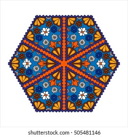 Colorful hexagonal pattern. Floral ethnic mandala. Hand drawn tribal ornament in blue, white, red, orange and yellow colors