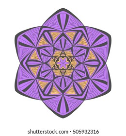 Colorful hexagonal pattern. Floral ethnic mandala  for textile, sportswear, umbrellas with black, orange and purple ornament