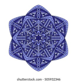Colorful hexagonal pattern. Floral ethnic mandala with blue ornament made of lines, squares, triangles for textile, sportswear, umbrellas