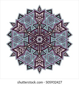 Colorful hexagonal pattern. Floral ethnic mandala  for textile, sportswear, umbrellas. Grey, blue, black and pink ornament made of lines and triangles
