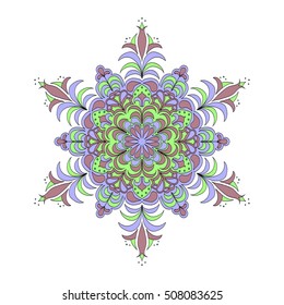 Colorful hexagonal pattern. Floral ethnic mandala. Hand drawn tribal ornament in green and purple colors

