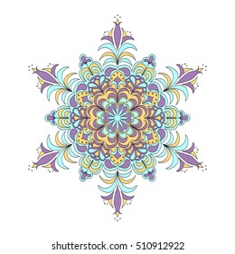 Colorful hexagonal pattern. Floral ethnic mandala. Hand drawn tribal ornament in blue, yellow and purple colors

