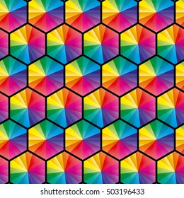 Colorful hexagonal pattern wallpaper background with vibrant rainbow colors.