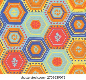 Colorful hexagonal seamless pattern with intricate floral designs, vector playful geometric composition blending hexagons and organic elements