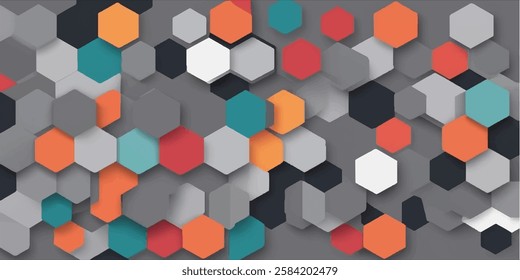 Colorful hexagonal shapes arranged in a vibrant geometric pattern against a gray background, creating a modern 3D-style abstract design suitable for creative and artistic projects.