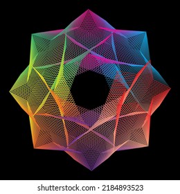 Colorful hexagonal spirograph on a black background. Vector illustration of abstract spirograph stars.