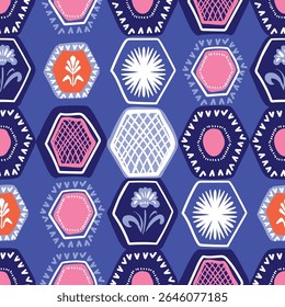Colorful hexagonal tiles seamless pattern, geometric elements and flowers, hand drawn vector background