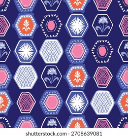 Colorful hexagonal tiles seamless pattern, geometric elements, and floral designs, hand drawn vector background